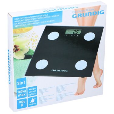 Цифрова вага Grundig для аналізу складу тіла: вимірювання жиру та м'язової маси, пам'ять на 12 користувачів, скло, до 180 кг, чорна/зелена