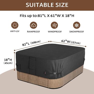 Водонепроникний чохол для гідромасажного jacuzzi iBirdie прямокутний, 208 x 157 см, міцний та стійкий до погодних умов, SPA 600D, чорний