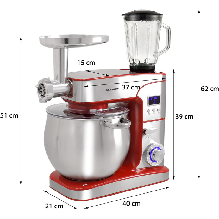 Кухонна машина Syntrox KM-2000W de Luxe Paris, міксер, тістоміс, м'ясорубка, 12 л, нержавіюча сталь, червона