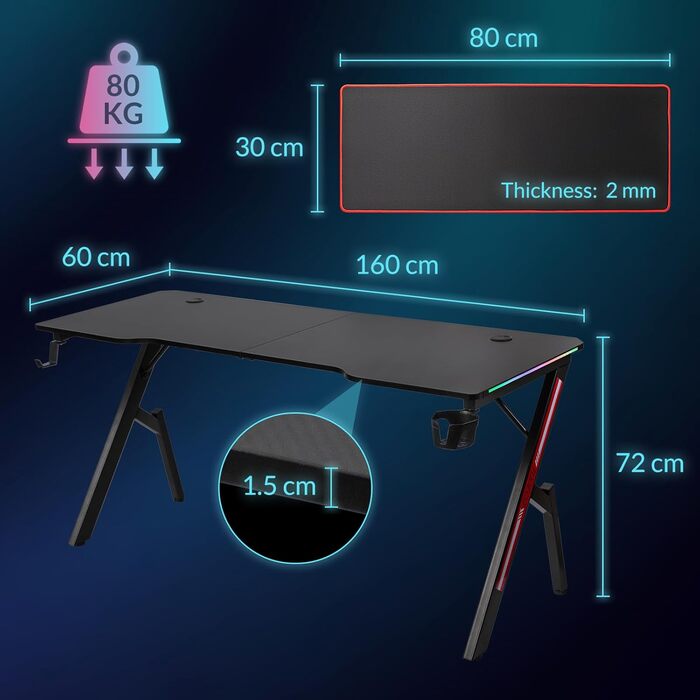 Ігровий стіл Todeco 160x60 см з LED підсвічуванням, з поверхнею з карбону, тримач для навушників та підсклянник, ергономічний ігровий стіл для ПК