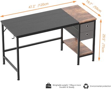 Письмовий стіл HOMIDEC з 2 шухлядами та тримачем для навушників, комп'ютерний стіл для офісу, дому, вітальні, дерев'яний, чорний, 120x50x75 см