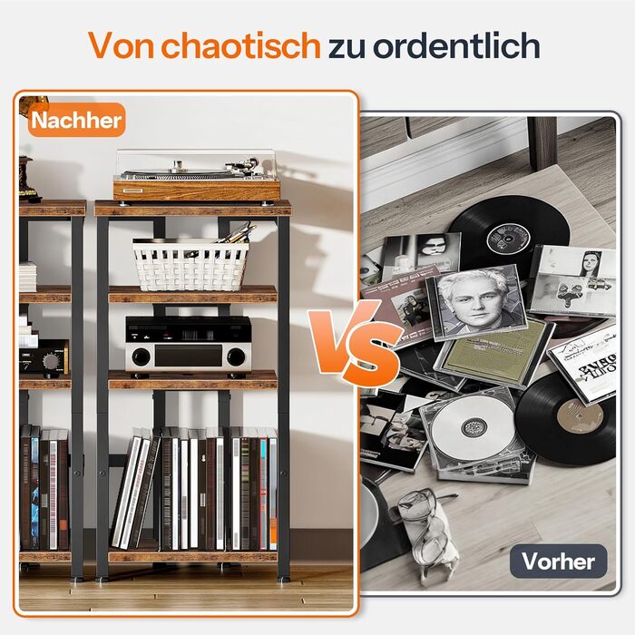 HOOBRO HiFi-тумба з 4 полицями для вінілу та аудіотехніки, вінтажний стиль, чорний/коричневий EBF42CJ01