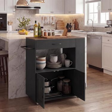 Кухонний візок-острів GIANTEX з колесами та стільницею, шафа для мікрохвильовки з шухлядою та полицями для спецій, 75x46x90,5 см, дерево, чорний