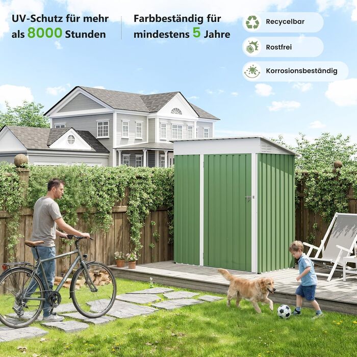 Металевий садовий будиночок UDPATIO 4 м³ (228x121x181 см) – для двору, інструментів, велосипедів, оцинкована сталь, з замком, зелений