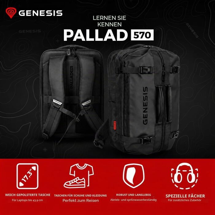 Рюкзак для ноутбука Genesis Pallad 550, 17.3 дюймів, 24-29 л, 19 кишень, чорний