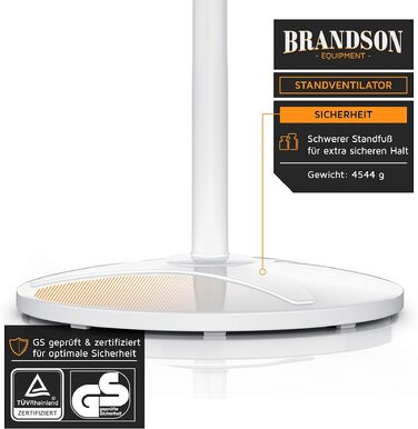 Вентилятор підлоговий Brandson 50 Вт, 40 см, білий: регульована висота, нахил 30°, 3 швидкості, коливання 80°