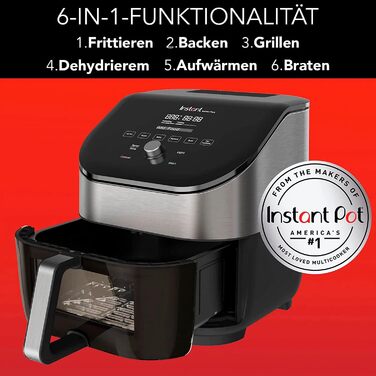 Електрична аерофритюрниця Instant Vortex Plus 5.7 л з оглядовим вікном, нержавіюча сталь, 6-в-1 – фритюр, випікання, запікання, гриль, дегідрація, підігрів, 1700 Вт, цифрове керування, велика місткість