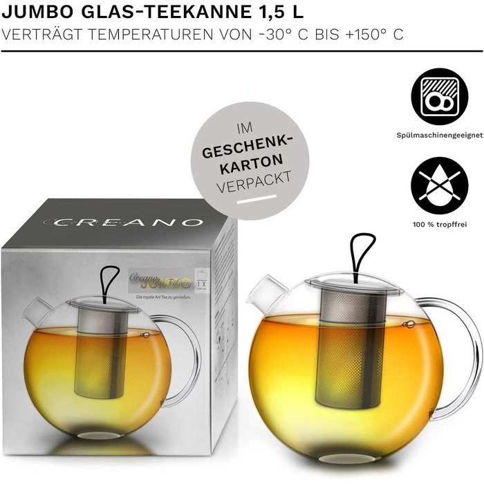 Скляний чайник Creano 1,5 л Jumbo з нержавіючою підставкою, 3-в-1: знімне сито з нержавіючої сталі, скляна кришка, для заварювання листового чаю, не капає