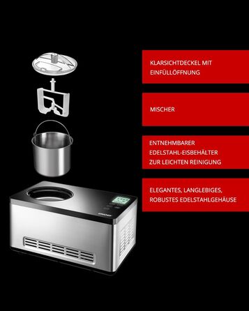 Морозивниця UNOLD 48845 Gusto з компресором, 2 л, 180 Вт, нержавіюча сталь, LCD-дисплей, таймер