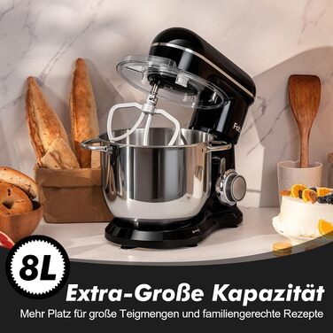 Кухонна машина Kitchen in the box Fab-Serie, потужний планетарний міксер 2000Вт, чаша 8л, 10 швидкостей, з вінчиком, гаком та мішалкою, чорний