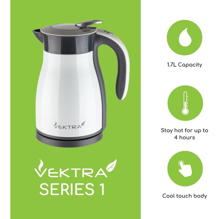 Електрочайник Vektra VEK-1701W 1,7 л, вакуумна ізоляція, нержавіюча сталь, подвійні стінки, термос 2-в-1, підтримка тепла, без BPA, бездротовий, білий