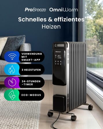 Розумний електричний масляний радіатор Pro Breeze 2500Вт, 11 секцій, з керуванням через Wi-Fi (Smart App), термостатом, таймером на 24г та сенсорним дисплеєм, сріблястий