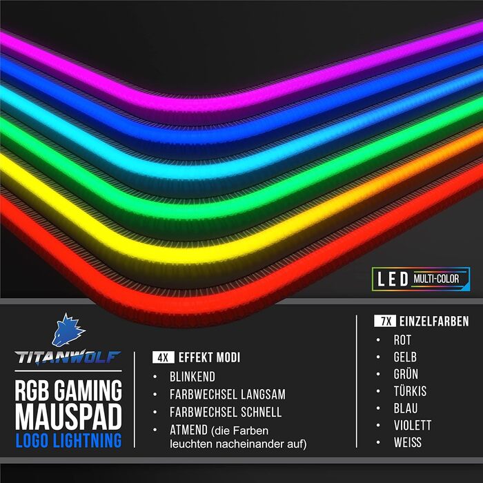 TITANWOLF XXXL RGB килимок для миші – 1200 x 600 мм, LED, 7 кольорів, 4 режими, для геймінгу, гумова основа, миється
