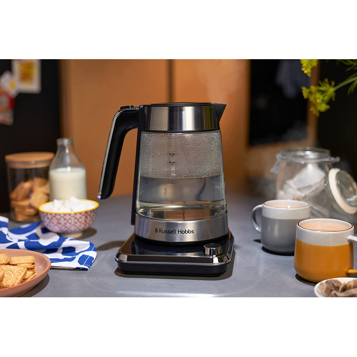Скляний електрочайник Russell Hobbs Attentiv 26200-70 з регулюванням температури (40-100°C), ситом для чаю, цифровим керуванням та функцією підігріву, 1.7л, 2400Вт, нержавіюча сталь
