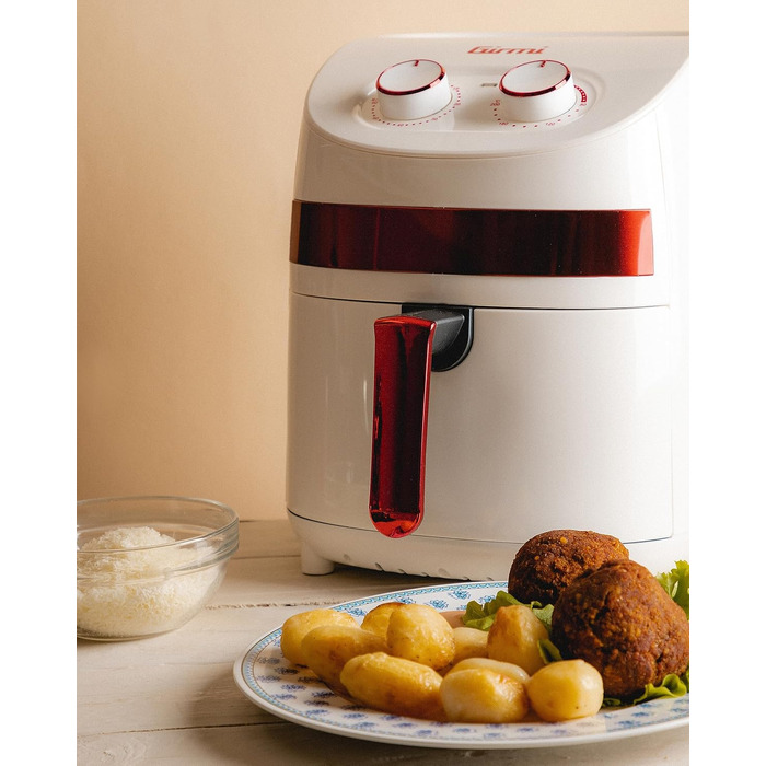 Компактна аерофритюрниця Girmi FG93 Ecofrit, 3.2 л, 1000 Вт, економна (до -30% енергії), з антипригарним покриттям та книгою рецептів, Білий/Червоний