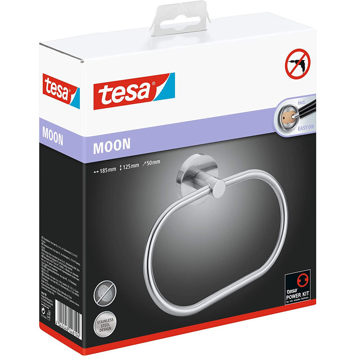 Держатель для рушників tesa MOON, овальний, хромований, настінний, без свердління, з клеєм, 185x125x50 мм
