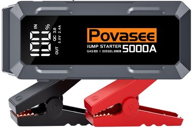 Бустер автозапуску Povasee Starthilfe Powerbank 5000A для бензинових та дизельних двигунів (до 10л), пусковий пристрій 12V з LCD-дисплеєм, USB-портами та LED-ліхтарем, сірий