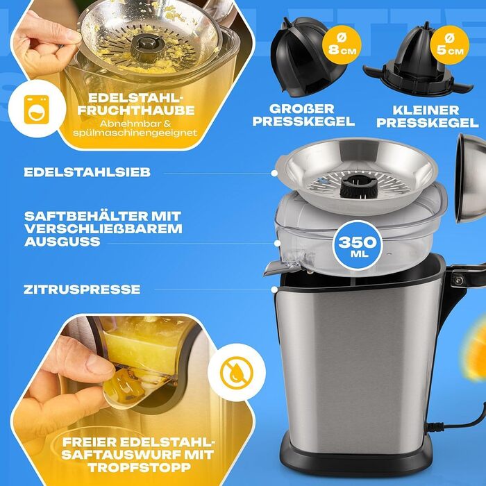 Електрична цитрусова соковижималка ProfiCook 160Вт з важільним пресом, автоматичний старт, захист від крапель, 2 конуси, нержавіюча сталь