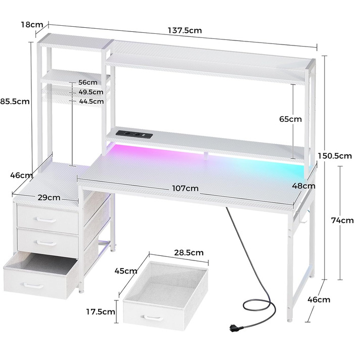 Ігровий стіл Coleshome з LED-підсвіткою, розеткою, полицями та шухлядами 137x48 см (Білий карбон)