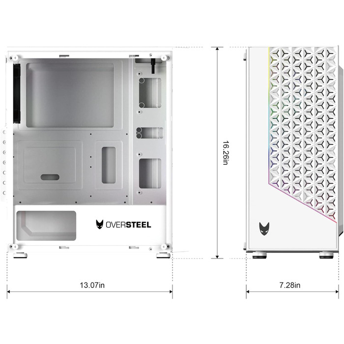 Oversteel Iridium — ігровий корпус для ПК ATX/Micro ATX/ITX, 120 мм A-RGB вентилятор, сітчаста передня панель, 2 пилові фільтри, загартоване скло, USB 3.0, білий