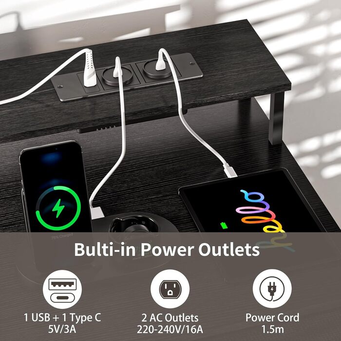 Ігровий стіл BEXEVUE з розетками і LED-підсвіткою, 120x50 см, білий, комп'ютерний стіл з висувною полицею для клавіатури, 4 універсальні шухляди, велика полиця для зберігання, для навчання, ігор, роботи, для спальні чи домашнього офісу