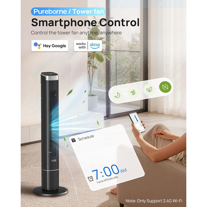 Вентилятор вежовий Leiser Smart 25дБ з осциляцією 90°, 4 режими, таймер 12 год, 109 см, чорний