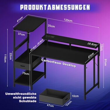 Ігровий стіл JUMMICO 140x60 см з розеткою, LED-підсвіткою та вуглецевим покриттям, комп'ютерний стіл з полицями, шухлядою та підставкою для монітора (Чорний)