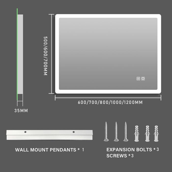 MIQU Дзеркало для ванної кімнати з підсвічуванням LED 60x50 см, сенсорне, проти запотівання, з Bluetooth та розеткою, 3 кольори світла, диммування