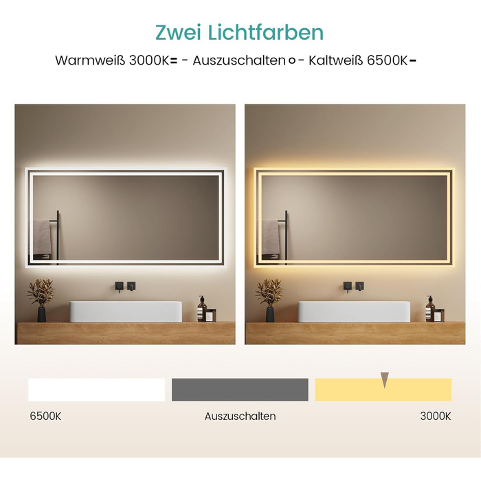 LED дзеркало для ванної кімнати EMKE 40x60 см з підсвічуванням, протитуманне, холодний/теплий білий світ, кнопка, алюмінієва рама, IP44, енергозберігаюче