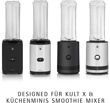 Міксер-блендер WMF Küchenminis Smoothie-to-go, стаціонарний потужний блендер 300 Вт з двома пляшками-чашами по 0,6 л, матова нержавіюча сталь, сріблястий