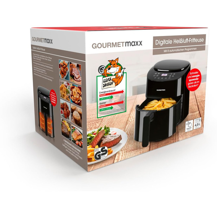 Аерофритюрниця GOURMETmaxx 4,5 л, 1400 Вт, 8 програм, чорна, маложирне приготування, таймер, автоматичне вимкнення