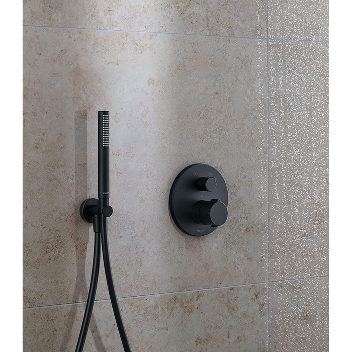 Універсальна ручна душова лійка Duravit, кругла, чорний мат, режим Rain, силіконові насадки для легкого очищення
