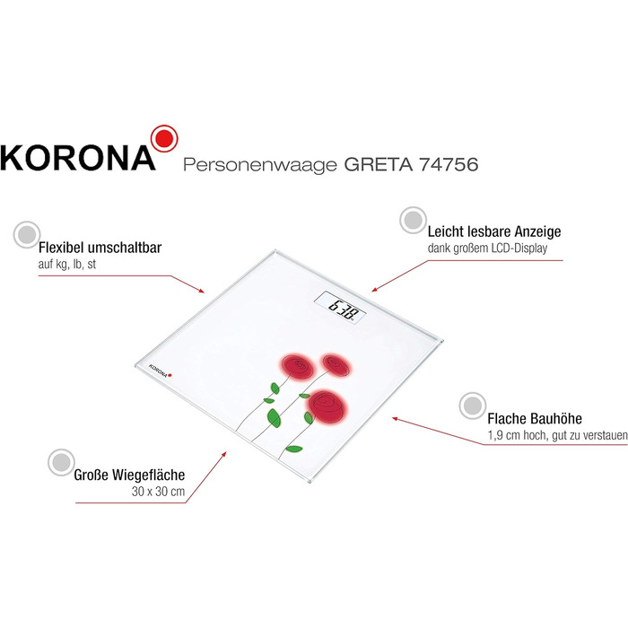 Цифрові ваги для зважування людей Korona Greta 74756, електронні, скляні, з малюнком, компактні, білі