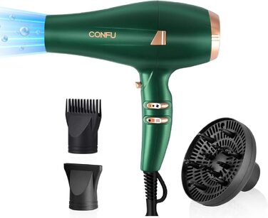 Професійний фен для волосся CONFU 2400Вт з іонізацією, дифузором, насадкою для укладки, 2 швидкості, 3 температурних режими, AC мотор, швидке сушіння, для салону та дому, зелений