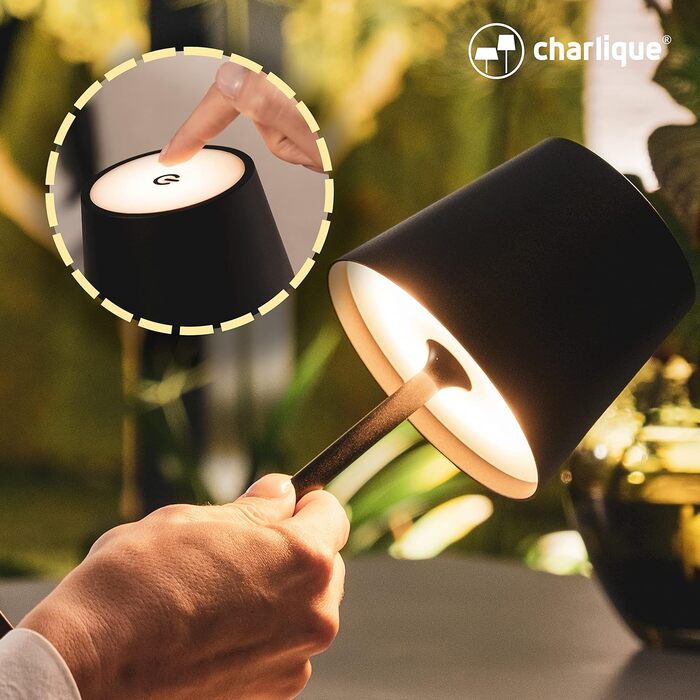 Світлодіодна акумуляторна настільна лампа charlique, міні, 28 см, чорна, USB-зарядка, тепле світло, для дому та вулиці, водостійка для балкону, тераси та саду