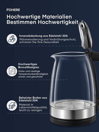 Електрочайник FOHERE з регулюванням температури, 1.7 л, скляний, 2200 Вт, LED-підсвітка, 5 температурних режимів (50–100°C), функція підтримки тепла, нержавіюча сталь, BPA-free
