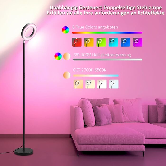 Світлодіодна торшерна лампа RGB, 42W, димована, з пультом, двостороннє освітлення, зміна кольору, для вітальні, спальні, офісу, готелю