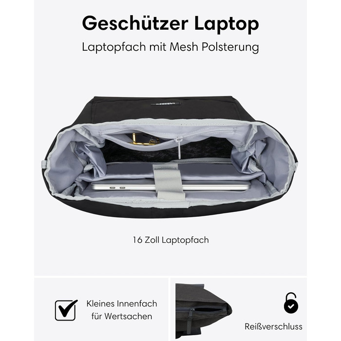 Рюкзак LARKSON No 4 Rolltop 21 л для жінок і чоловіків, з відділенням для ноутбука 16'', для університету, роботи та велосипеда, дорожній рюкзак з кріпленням на валізу