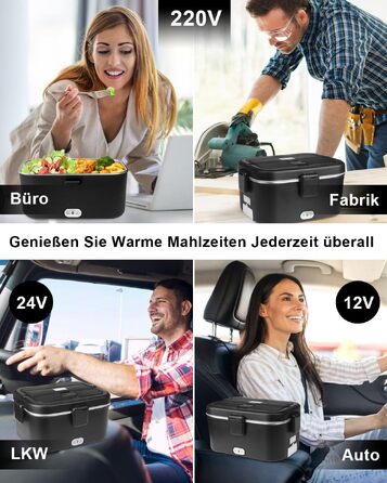 Електричний ланч-бокс AUTOPkio 1.8л 80Вт, підігрівач їжі 12В/24В/220В з сумкою, сталевим набором приборів для авто, вантажівок та офісу (Чорний)