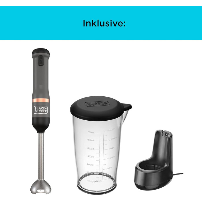 Акумуляторний ручний блендер BLACK+DECKER BCKM1011KGF з насадкою-подрібнювачем, склянкою 700 мл та зарядним пристроєм (7.2V, 5 швидкостей)