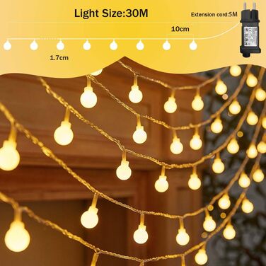 Гірлянда світлова LED 35м 300 LED кульки, вулична/кімнатна, 8 режимів, IP44, теплий білий колір, для декору свят, весіль, саду, тераси, балкону