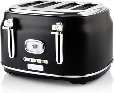 Тостер Westinghouse Retro на 4 скибки, знімна решітка для булочок, 6 режимів підсмажування, центрування хліба, функції розморожування, підігріву та зупинки, індикатор, висувний піддон для крихт, чорний