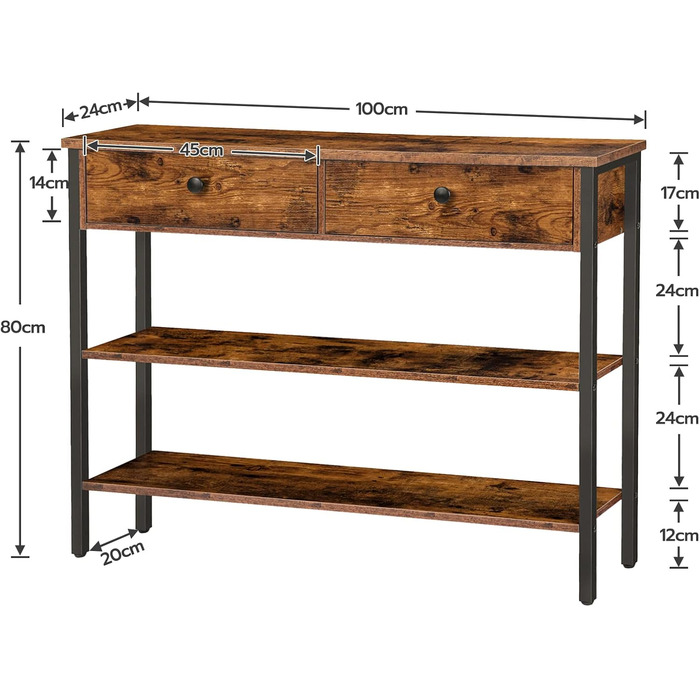 HOOBRO консольний стіл з шухлядою і 2 полицями, металевий каркас, 100x24x80 см, для коридору, вітальні, вінтаж, коричнево-чорний