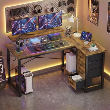 Кутовий комп'ютерний стіл L-подібний JUMMICO з 4 ящиками, розетками та USB, 140x80 см (Коричневий) для дому та геймінгу