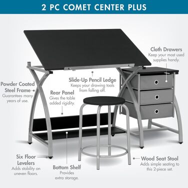 Набір стіл для малювання та стілець SD Studio Designs Comet Center Plus з регульованою стільницею та місцем для зберігання, сталь, сріблястий/чорний, 50x60x75 см