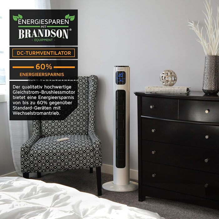 Brandson ECO Тихий турмовентилятор з DC-мотором, 12 швидкостей, напольний вентилятор із таймером, дистанційне керування, енергоощадний, дуже тихий, преміум-якість, переможець 2025