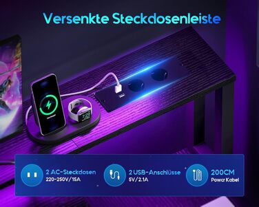 Ігровий стіл Coleshome з LED підсвіткою 140x48 см, з ящиками, 2 розетками та 2 USB портами, з підставкою для монітора, чорний