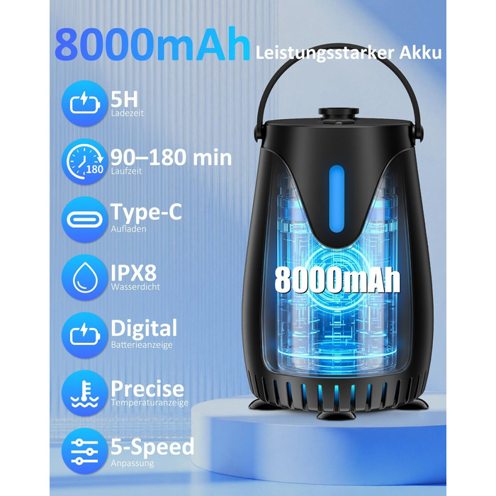 Портативний кемпінговий душ Spopal з помпою 8000mAh, термометром та нічним підсвічуванням, водонепроникний IPX8, для подорожей, авто, тварин та поливу квітів