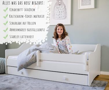 Дитяче ліжко Kids Collective 80x160 см з матрацом, бортиком і шухлядою, універсальне, біле, трансформується у диван