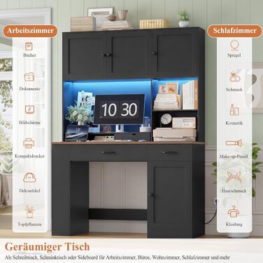 Письмовий стіл FirFurd 180x120x50 см з шухлядами, полицею для книг, LED-підсвіткою та розетками - дерев'яний комп'ютерний стіл для офісу, кабінету, дитячої кімнати (Чорний)